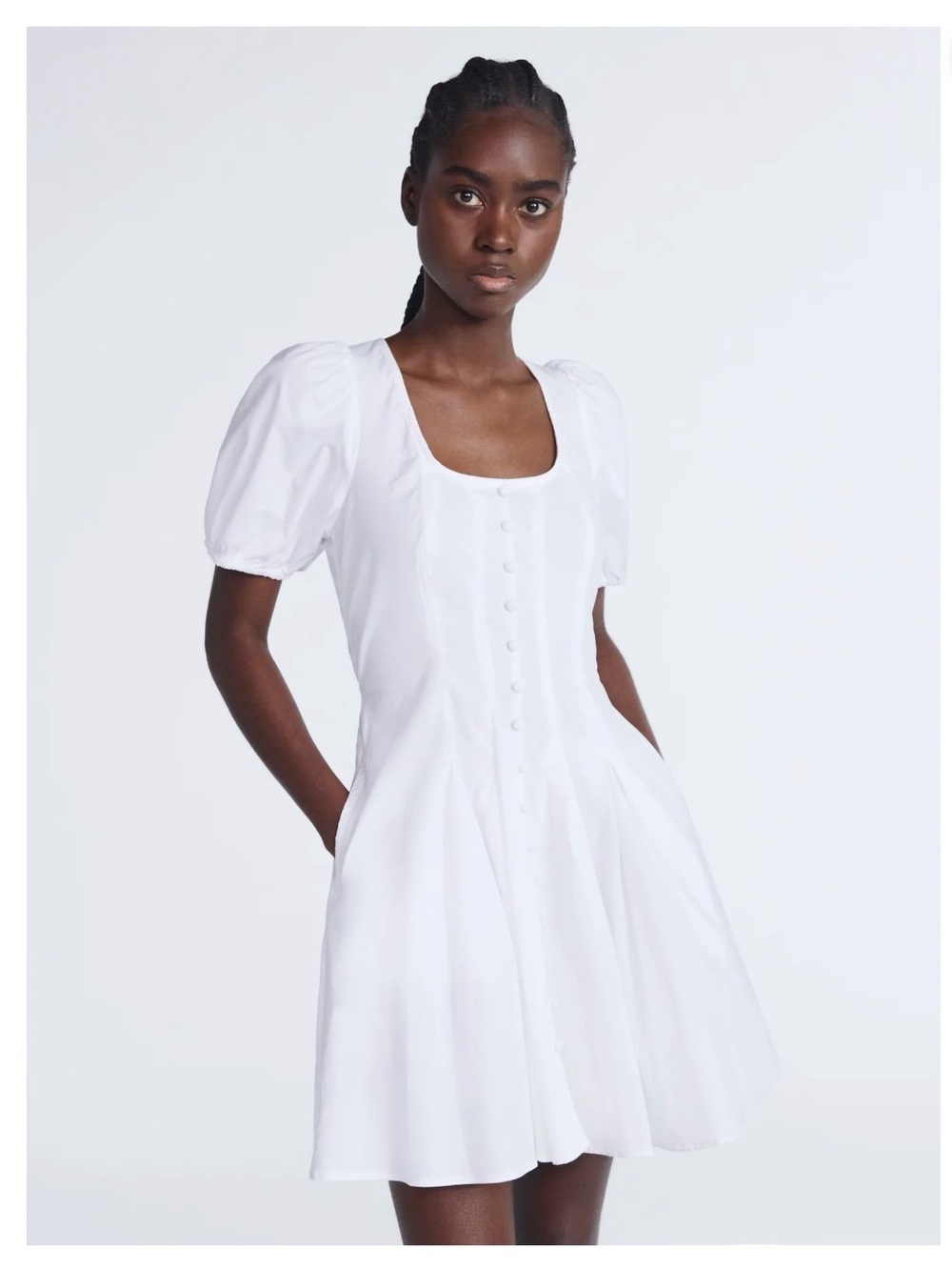 100% Cotton Square-Neck White Puff-Sleeve Mini Dress